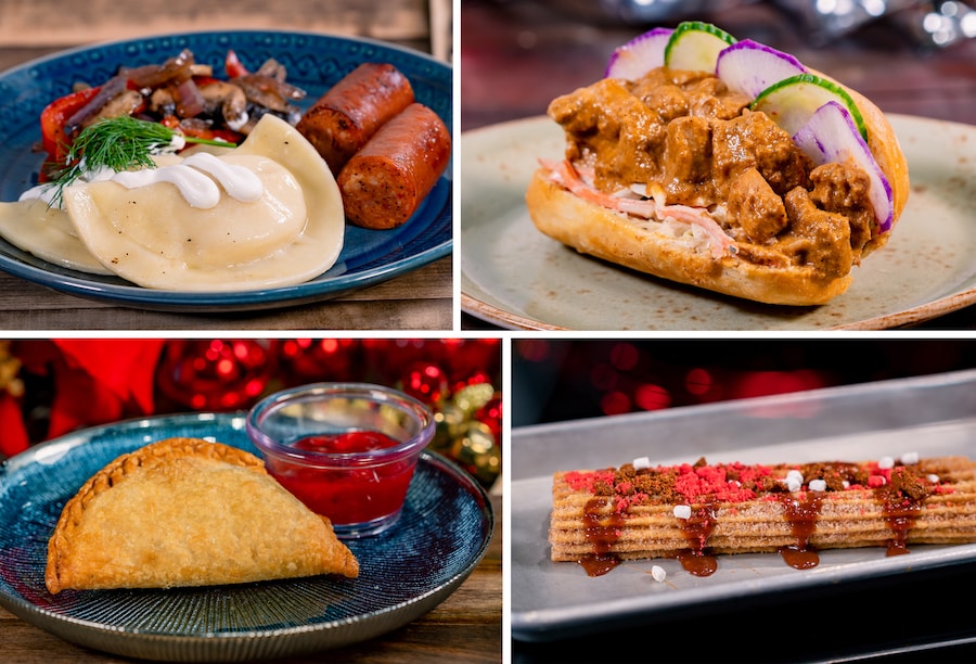 Collage of Holiday food and churro, Food at Disney Festival of Holidays 2023 at Disneyland Resort