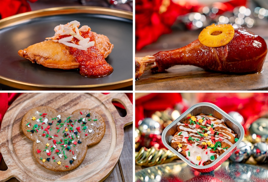 Mickey-shaped Gingerbread Cookie and a collage of more holiday menu items at Disneyland Resort, Food at Disney Festival of Holidays 2023 at Disneyland Resort