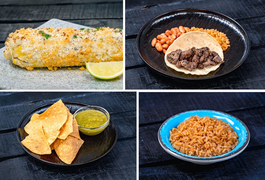 Elote, Street-style Taco, Chips with Salsa, Spanish Rice