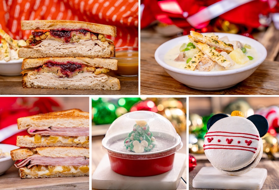 Thanks-mas Sandwich, Turkey Pot Pie Soup, Ham and Pineapple Toasted Sandwich, Chocolate Cake Snow Globe and Mickey Ornament Macaron