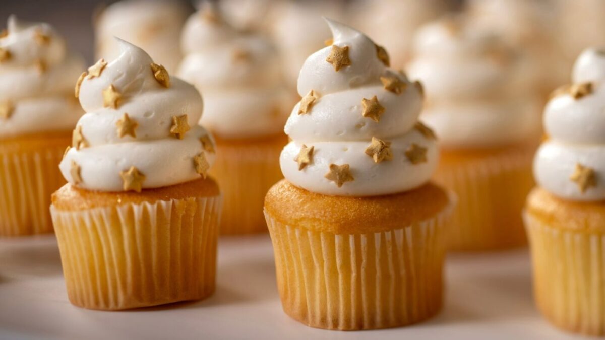 A close-up of vanilla cupcakes with white icing and golden star sprinkles.